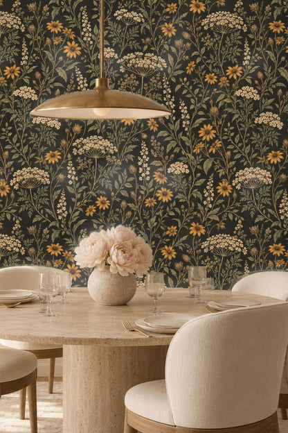 Wildflower stems and leaves forming vertical pattern on dark wallpaper