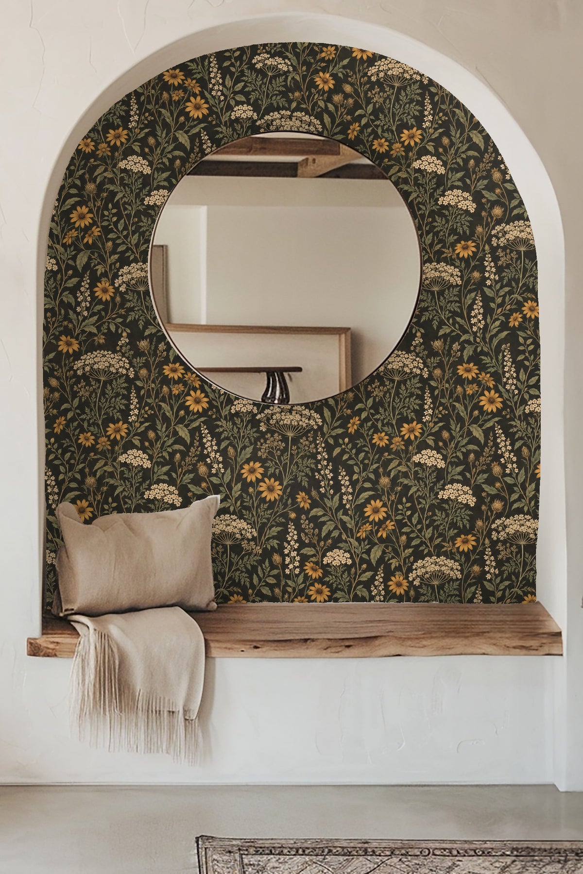 Bathroom close-up displaying Meadowgold Botanical wallpaper behind marble sink, gold faucet, and mirror with brass lighting