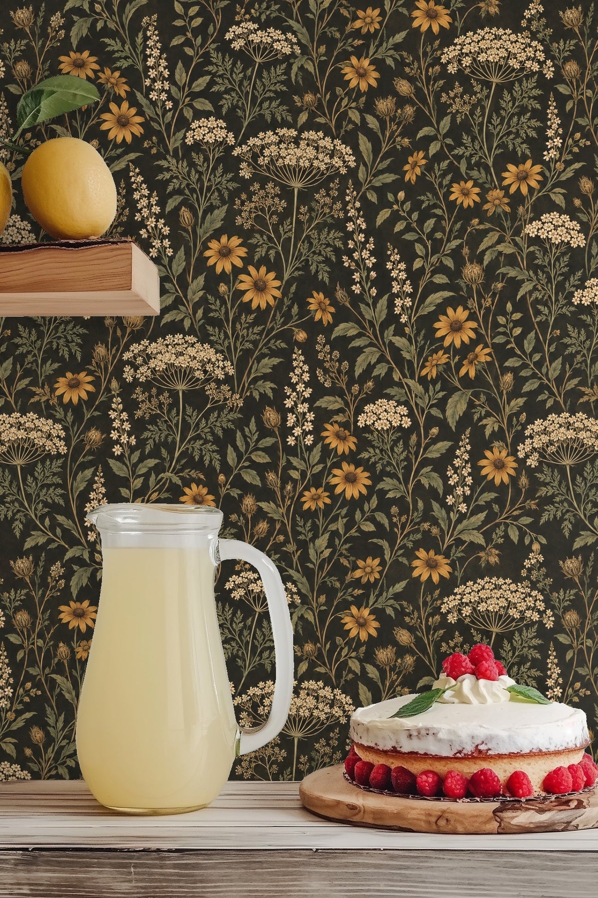 Elegant contrast of bright flowers and dark background in wallpaper design