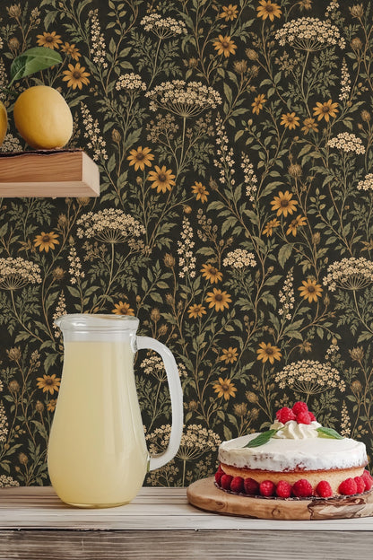 Elegant contrast of bright flowers and dark background in wallpaper design