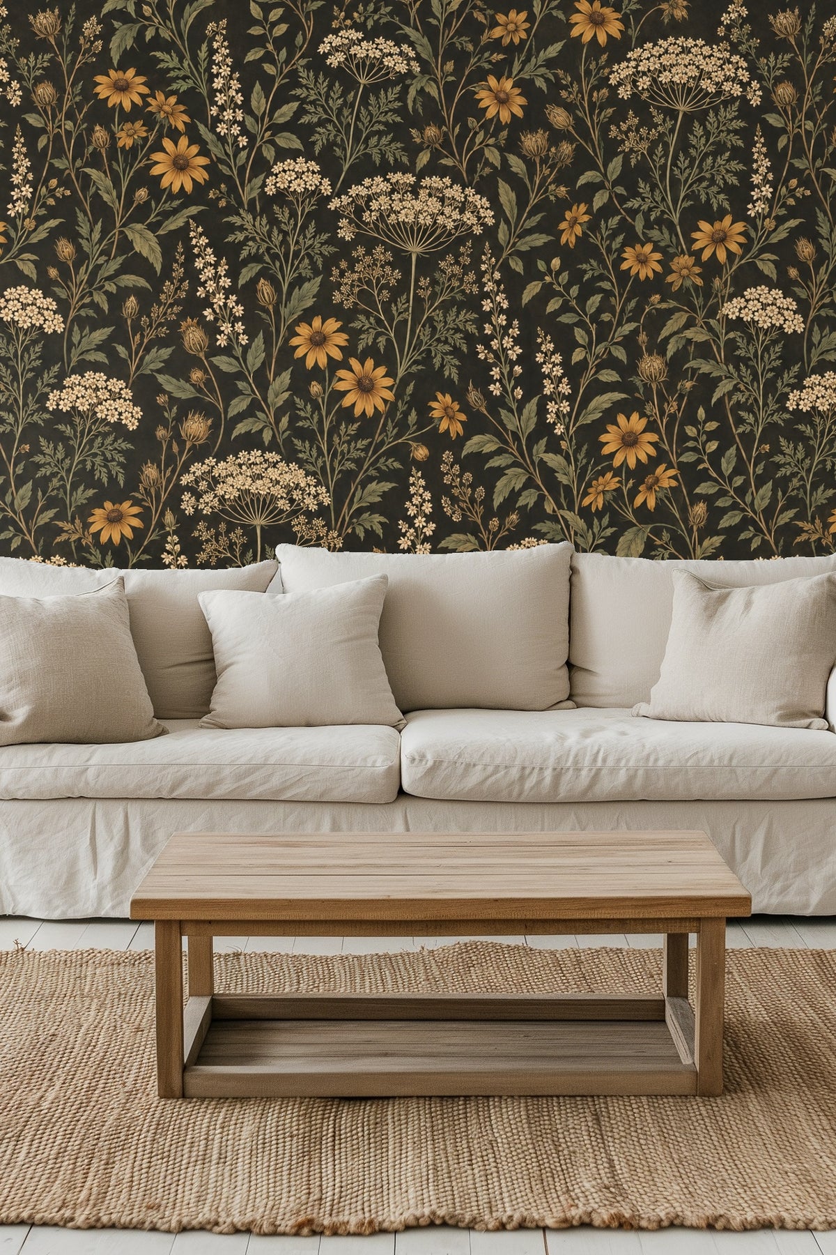 Partial view of floral pattern with yellow daisies and small white flowers on black wallpaper