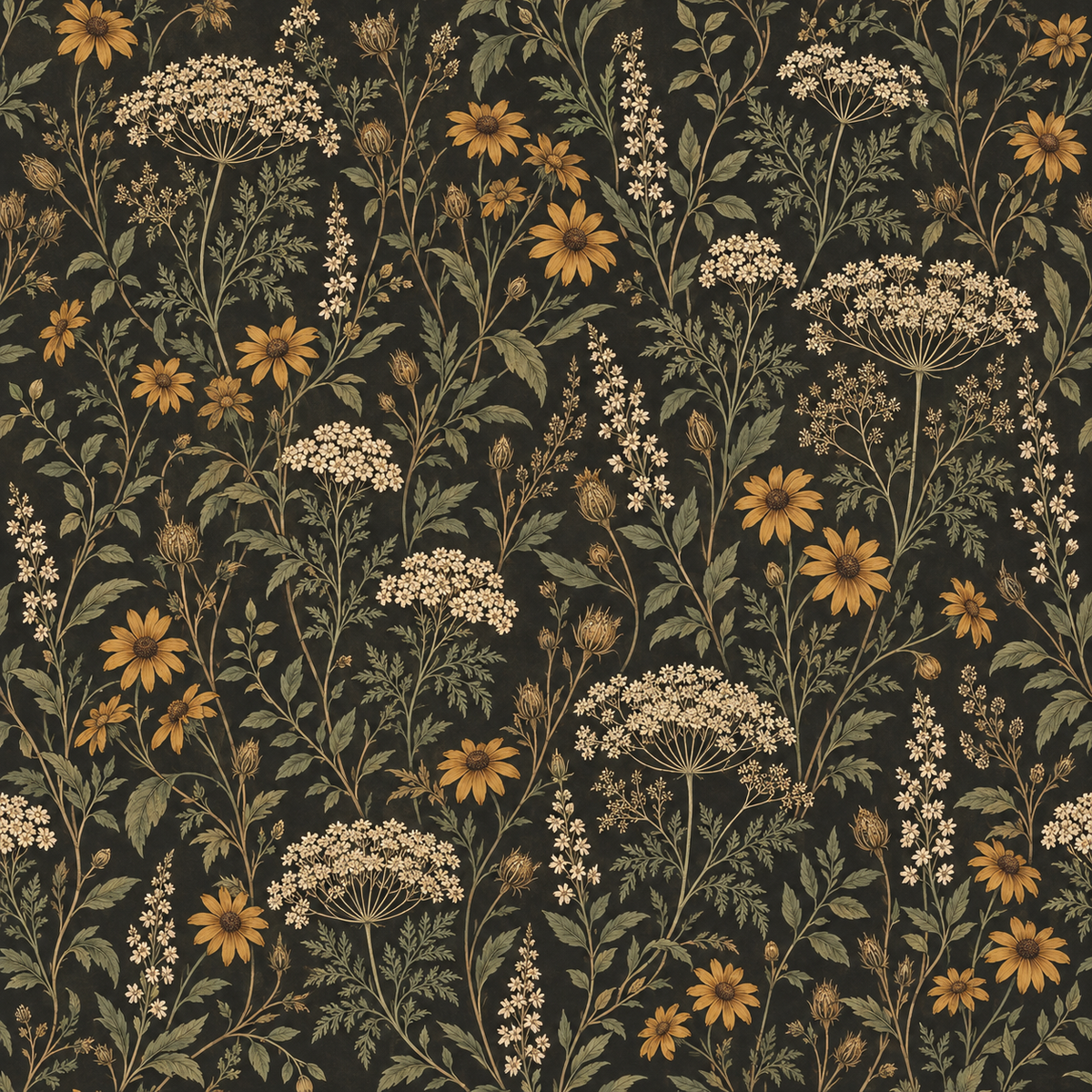 Detailed view of botanical wallpaper texture and linework with mixed light and dark elements