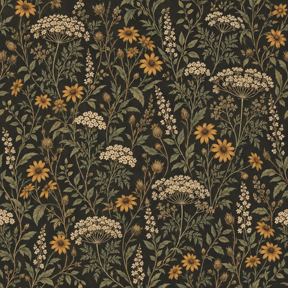 Detailed view of botanical wallpaper texture and linework with mixed light and dark elements