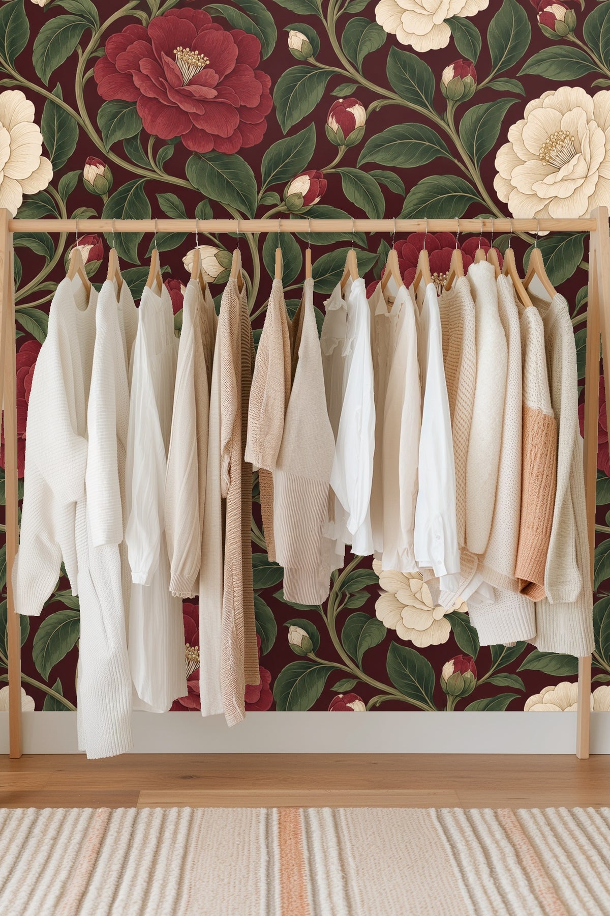 Wallpaper pattern showing several buds of camellias yet to bloom in cream and red tones.