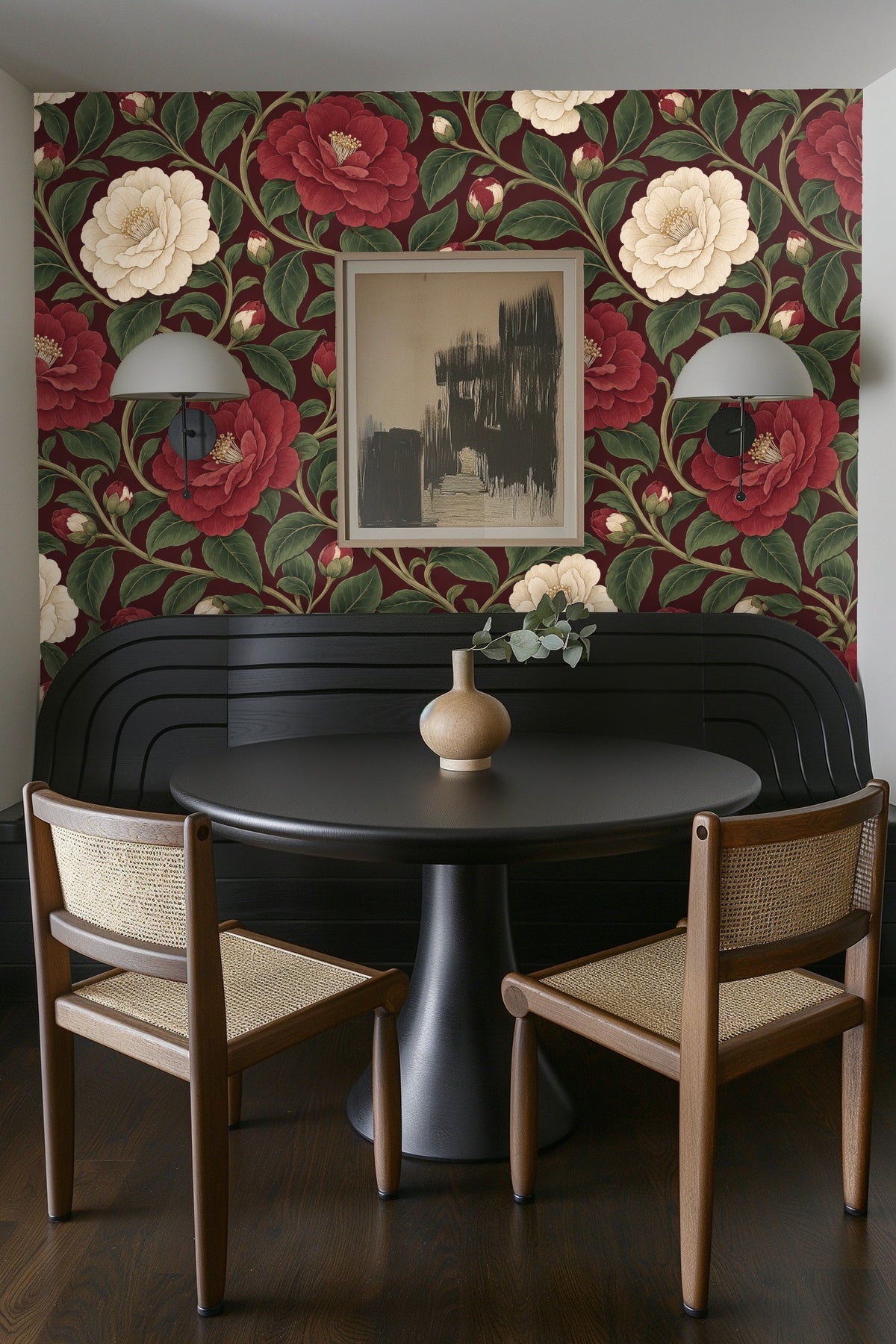 Curved vine stems connecting flowers and buds in a repeating wallpaper pattern.