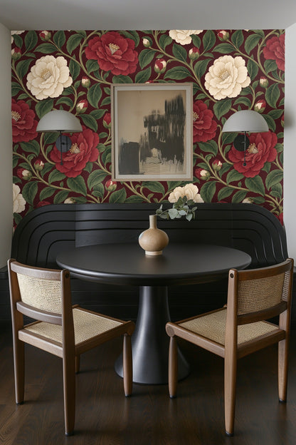 Curved vine stems connecting flowers and buds in a repeating wallpaper pattern.