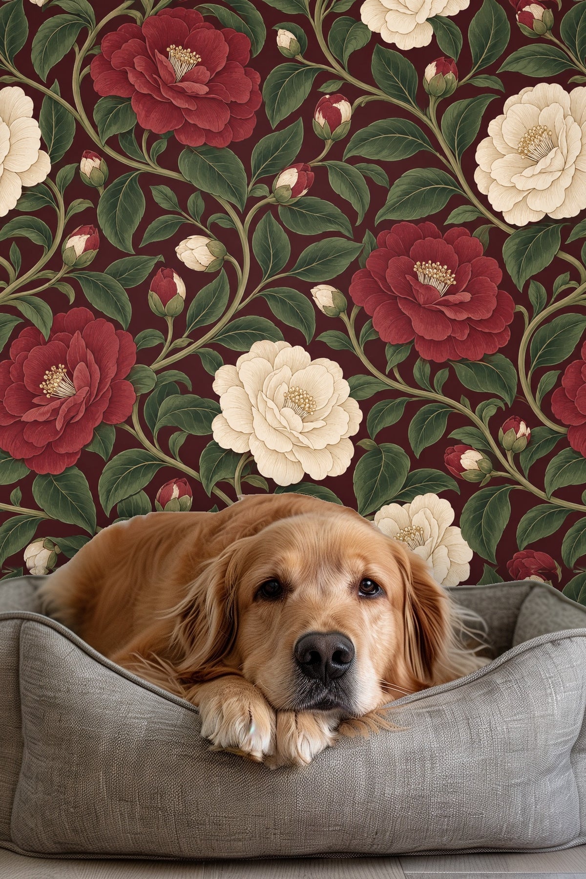 Detailed view of cream camellia flower with fine line petal details on wallpaper.