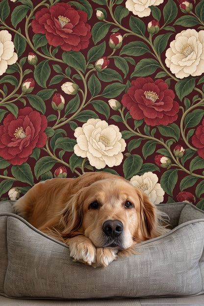 Detailed view of cream camellia flower with fine line petal details on wallpaper.