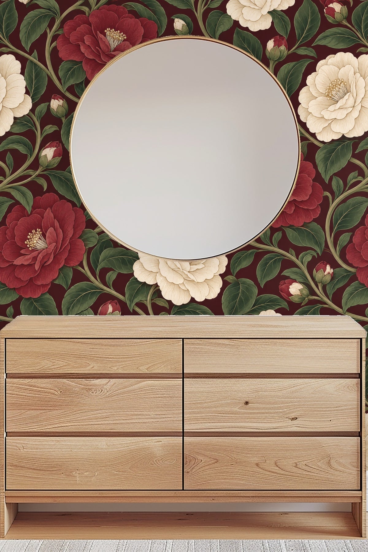 View of multiple overlapping camellia flowers in red and cream with detailed petals.