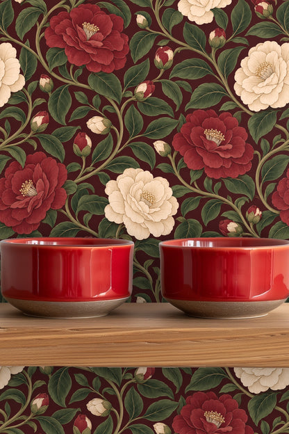 Leaf detail showing veined green leaves on wallpaper with burgundy background.