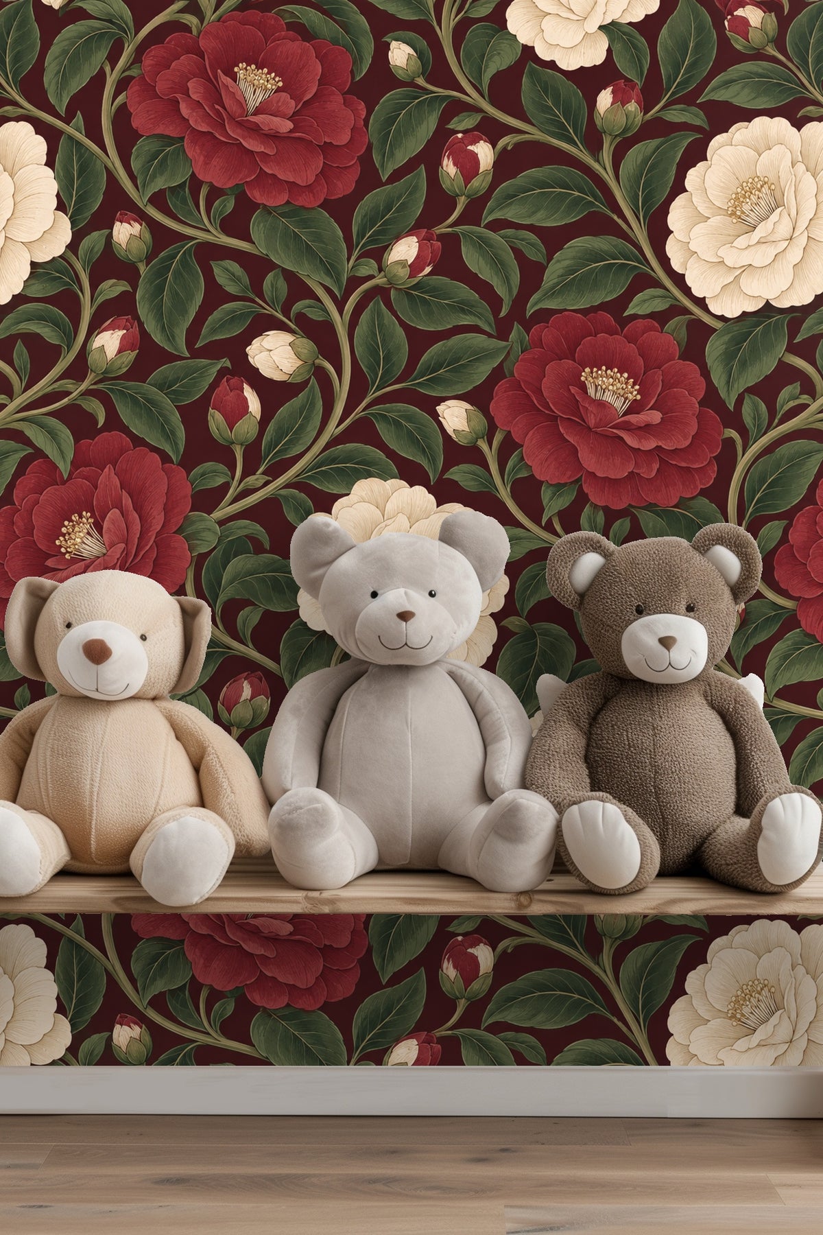 Section of wallpaper displaying entwining green vines against burgundy background.