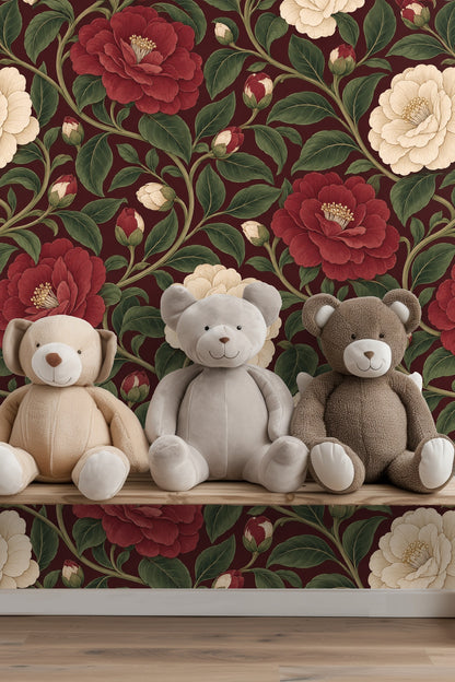 Section of wallpaper displaying entwining green vines against burgundy background.
