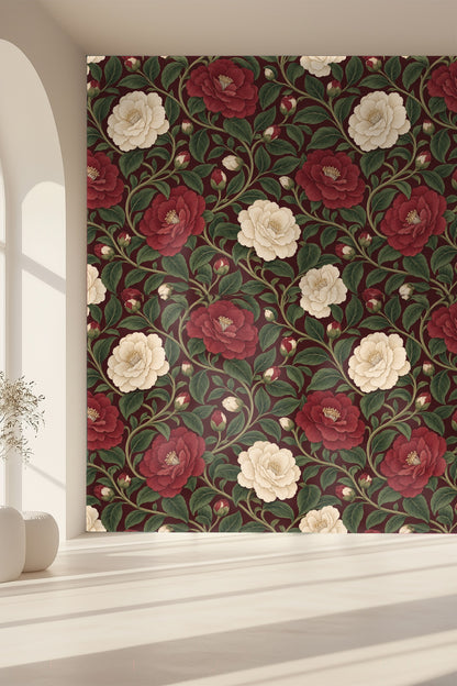 Wallpaper floral motif exhibiting soft cream petals contrasted with dark red camellias.