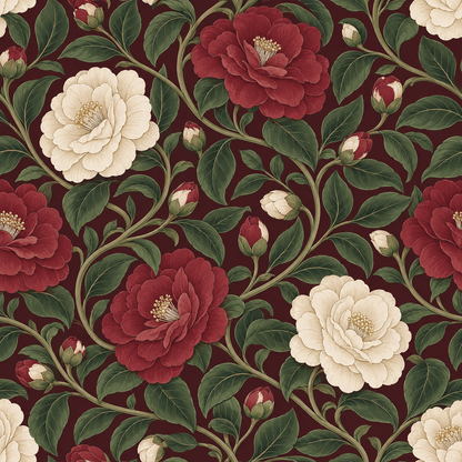 Artwork shot of wallpaper showing alternating camellia flowers and buds with green foliage throughout pattern.