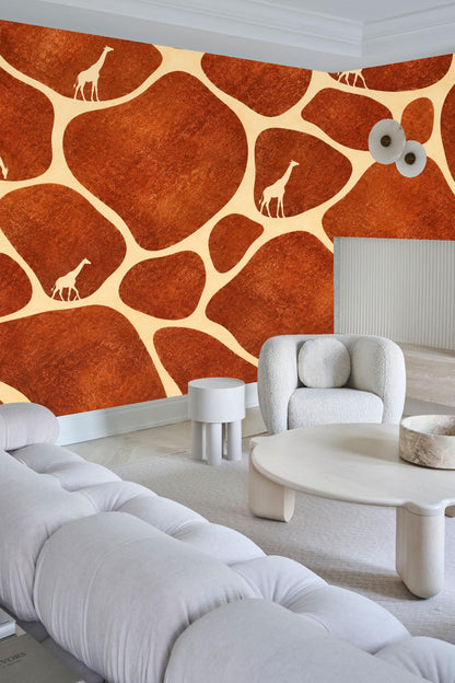 Abstract wallpaper pattern with irregular terracotta shapes and small cream giraffe silhouettes
