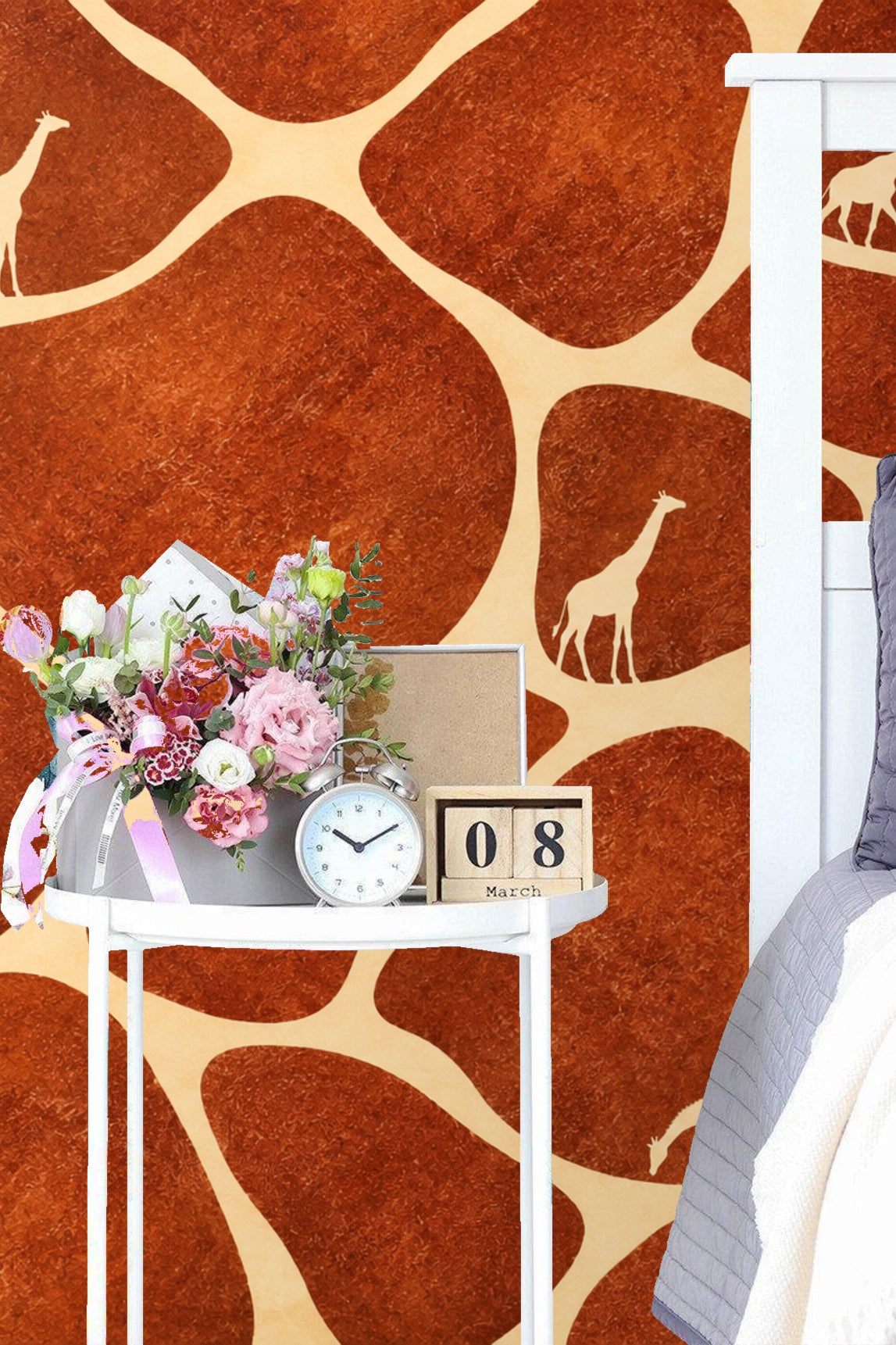 Giraffe silhouettes walking and grazing within a stone-like wallpaper pattern