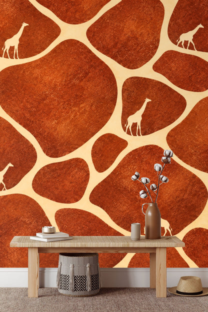 Naturalistic giraffe figures integrated into a geometric terracotta pattern