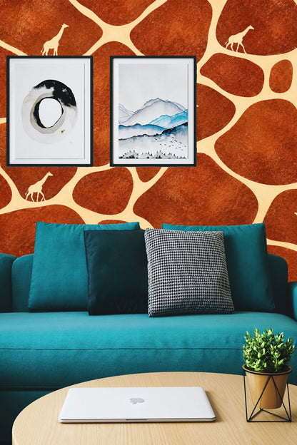 Detail of cream giraffes scattered among terracotta stones on wallpaper