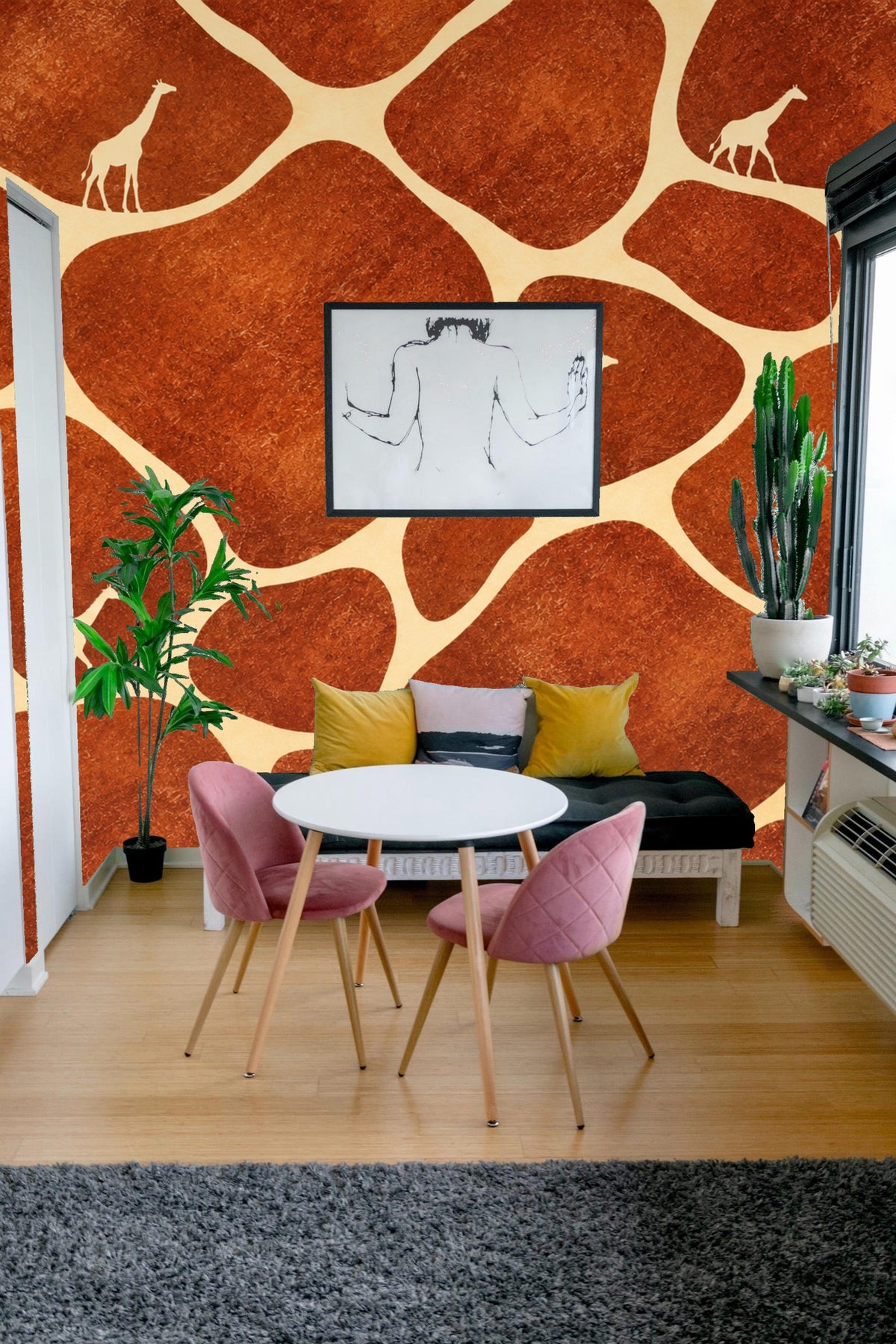 Rust-colored shapes resembling natural stones with delicate giraffe outlines