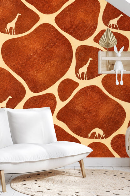 Close-up of giraffe-inspired wallpaper pattern in terracotta and cream
