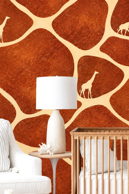 Wall showcasing large-scale terracotta shapes with contrasting cream giraffe figures