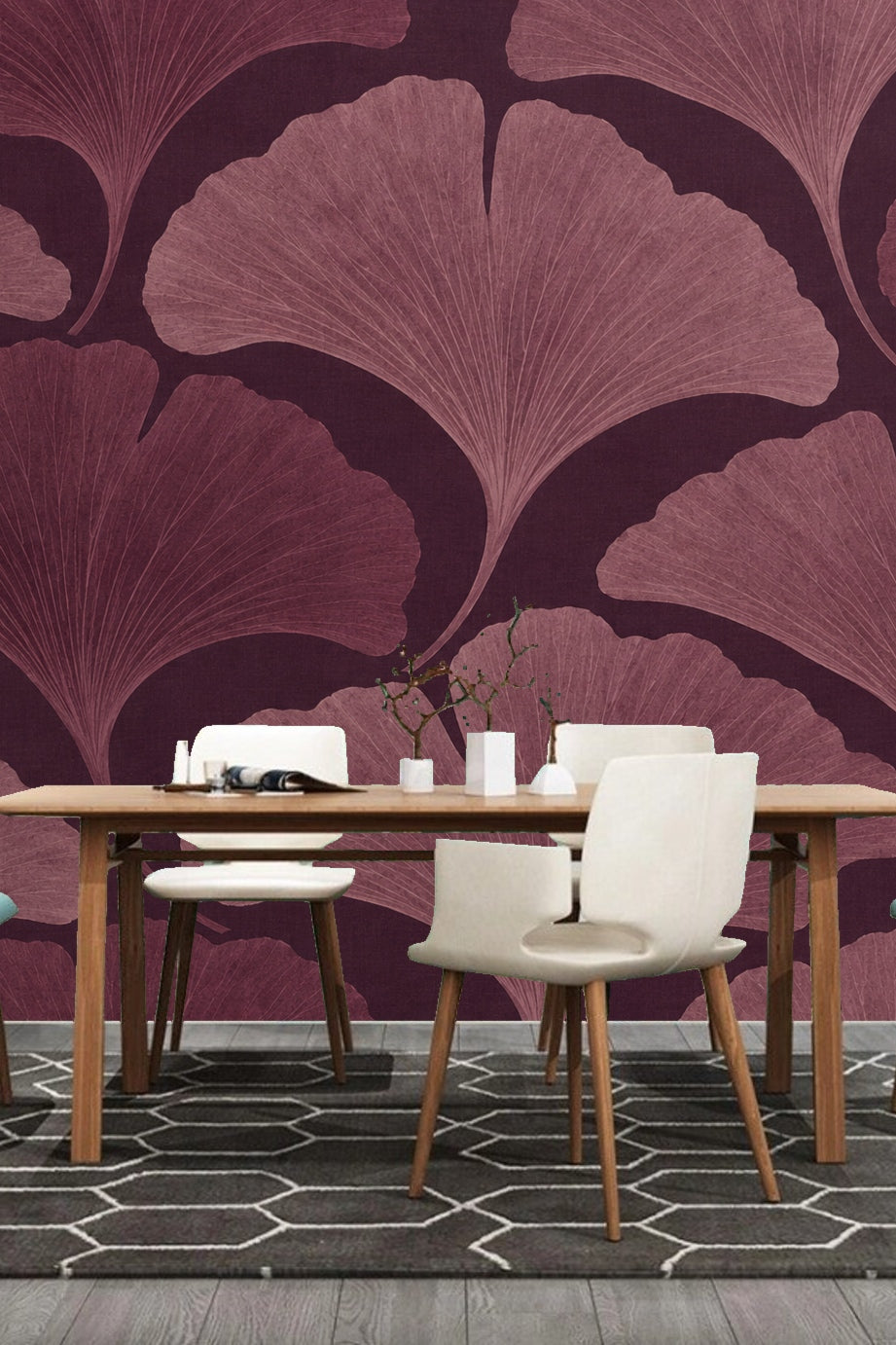 Close-up shot showing detailed fine lines of ginkgo leaf veins on wallpaper