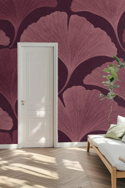 Partial wall view highlighting layered ginkgo leaves with varying shades of plum