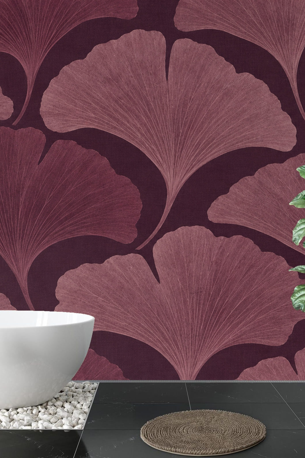 Living space wall segment covered in rich plum ginkgo leaf wallpaper, with floor molding