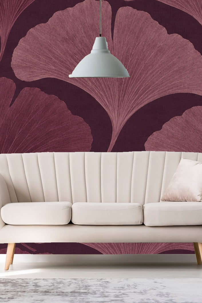 Close-up of large plum-colored ginkgo leaf wallpaper with detailed line veining