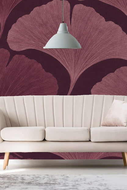 Close-up of large plum-colored ginkgo leaf wallpaper with detailed line veining