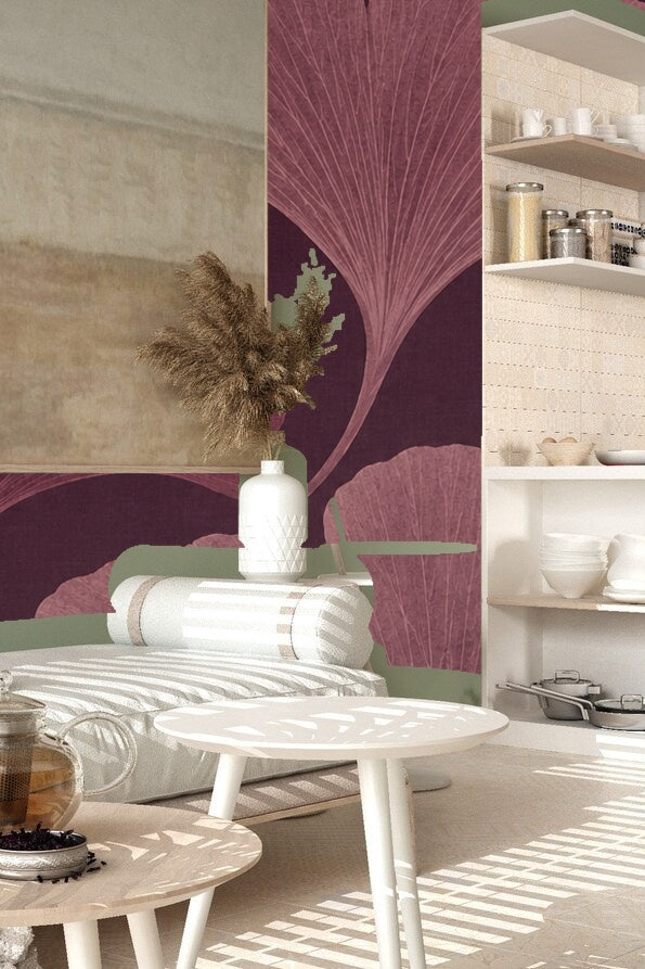 Textured surface of the wallpaper emphasizing the botanical motif in soft plum hues