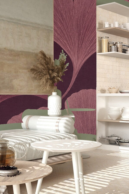 Textured surface of the wallpaper emphasizing the botanical motif in soft plum hues