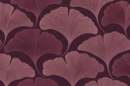 Dark plum wallpaper scene with large repeating ginkgo leaf motifs