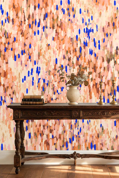 Delicate floral abstract wallpaper pattern in impressionist style with varied warm hues