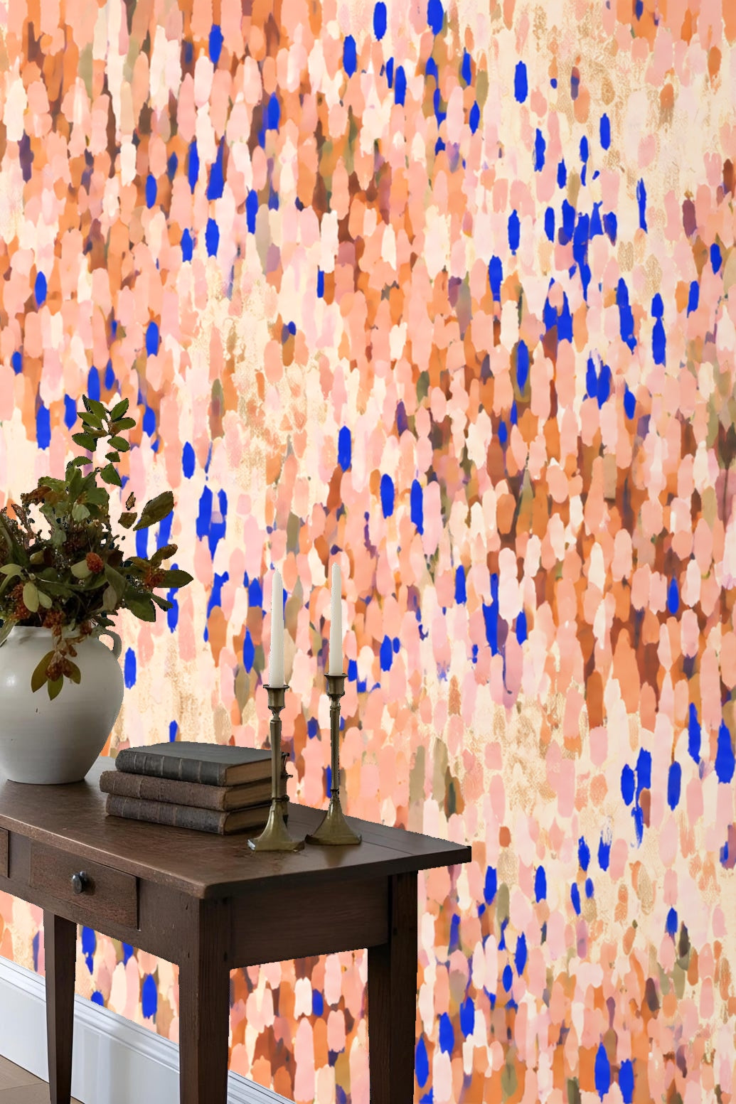 Muted peach tones interspersed with bright cobalt wallpaper pattern close-up