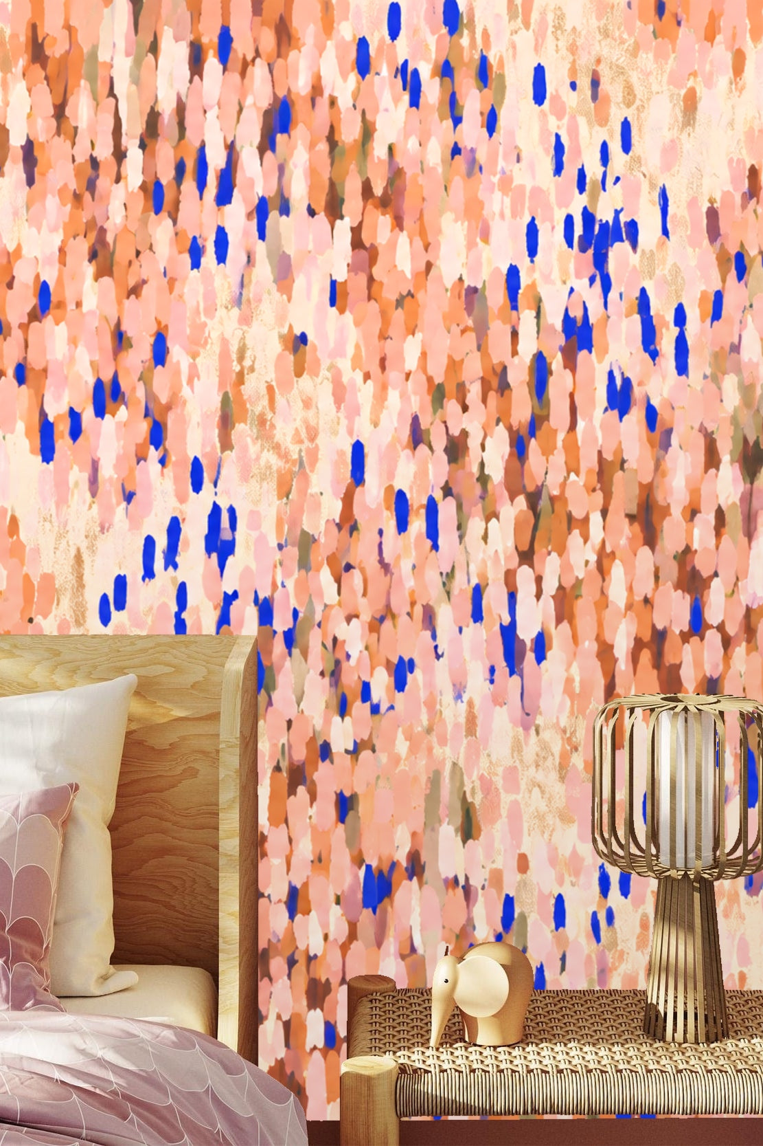 Abstract coral and cobalt wallpaper with impressionist petals in close-up detail