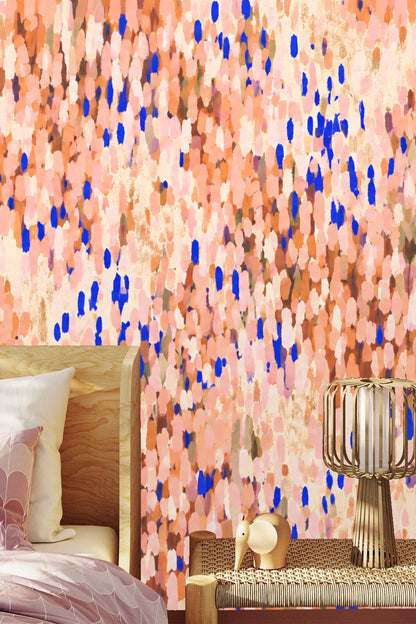 Abstract coral and cobalt wallpaper with impressionist petals in close-up detail