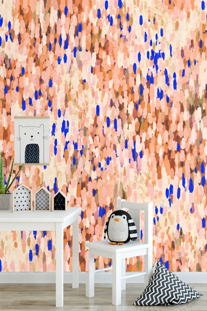 Interior mood with modern furniture set against the coral and cobalt impressionist wallpaper