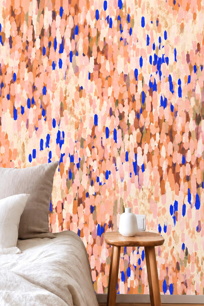 Artistic wallpaper with dense mosaic of petal shapes in warm and cool tones