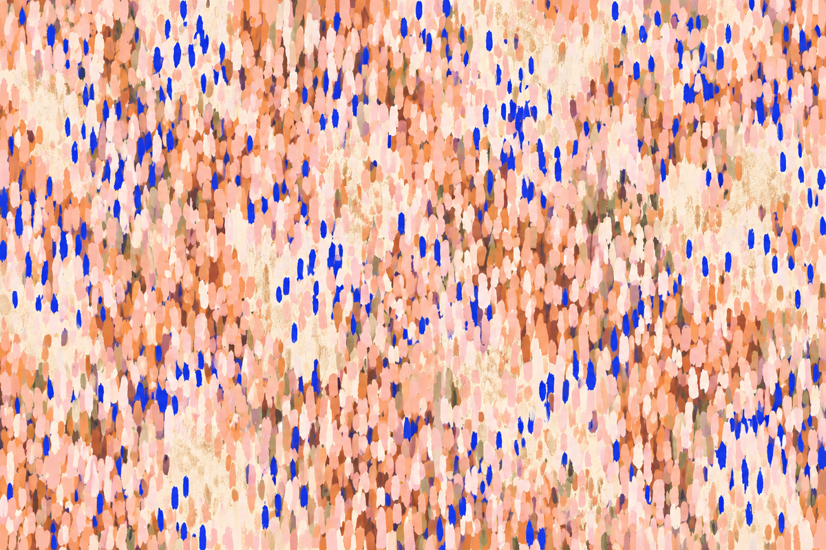 Bright cobalt dots distributed unevenly through soft coral blush wallpaper pattern