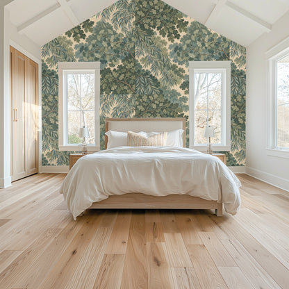 Cropped view of the wallpaper pattern emphasizing the willow-like drooping leaves and ginkgo fans