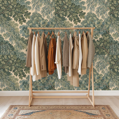 Neutral linen sofa against the allover botanical wallpaper, showing scale and repeat across two panels