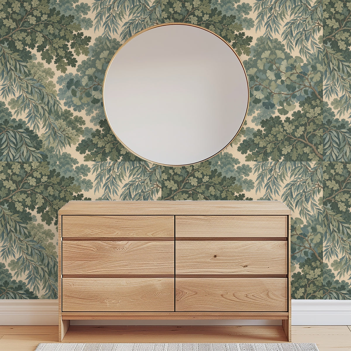 Full pattern repeat displayed above a low coffee table, illustrating large-scale canopy effect in a living space