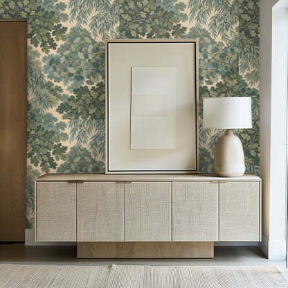 Entryway vignette with the wallpaper behind a textured wood console and framed neutral artwork