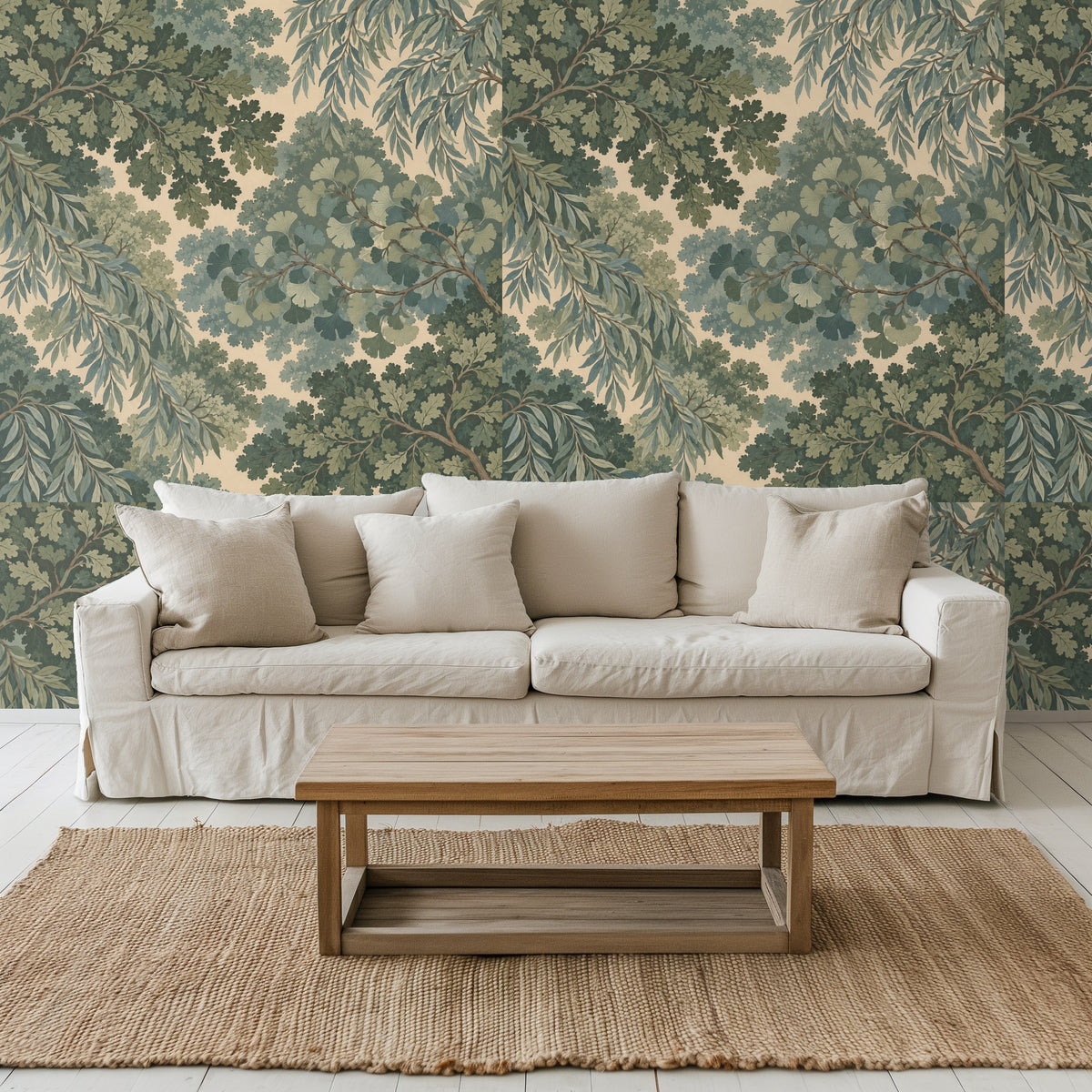 Close-up of wallpaper artwork showing layered oak, ginkgo and willow leaves on a warm cream background