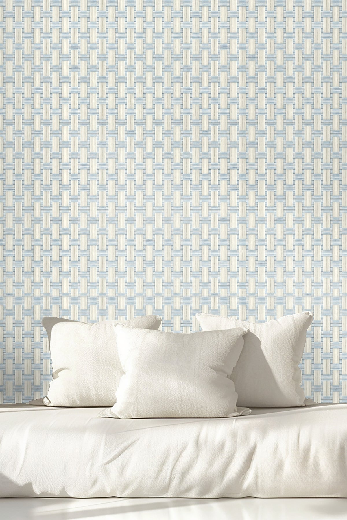 Original wallpaper artwork showing a repeating basketweave pattern in light blue and off-white with fine linear texture