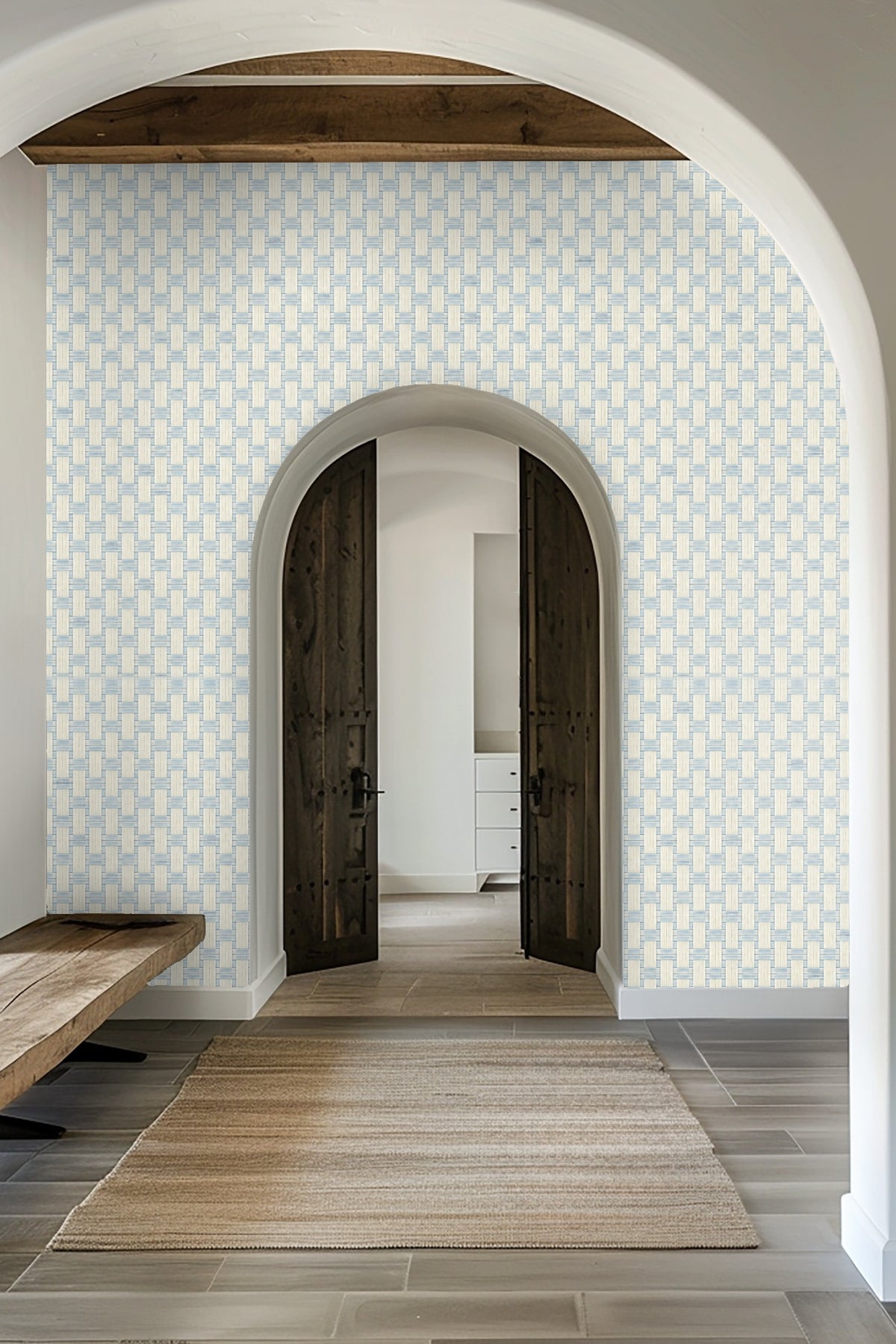 Woven Light Grid wallpaper shown in an interior setting