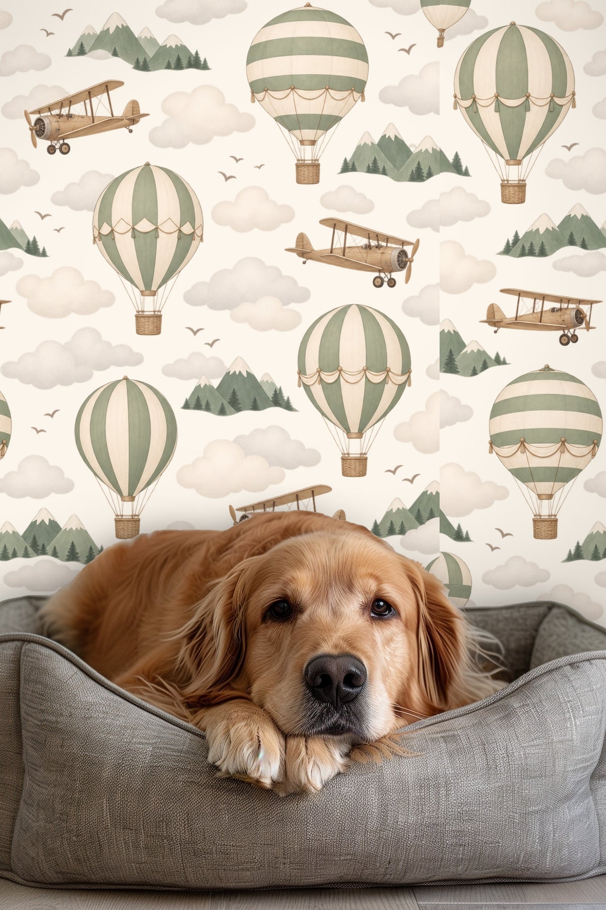 Bathroom wall featuring vintage hot air balloons and biplanes wallpaper with gold fixtures and marble accents.