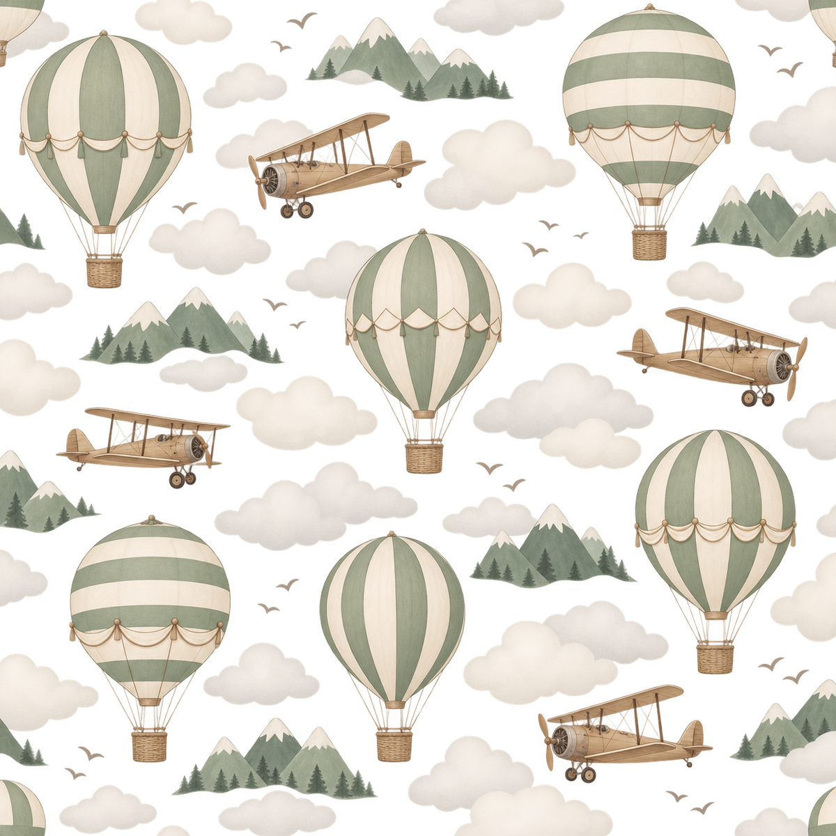 Bathroom wall corner with wallpaper featuring vintage balloons and biplanes, illuminated by a wall sconce.
