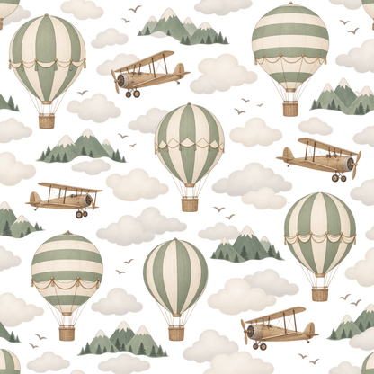 Bathroom wall corner with wallpaper featuring vintage balloons and biplanes, illuminated by a wall sconce.